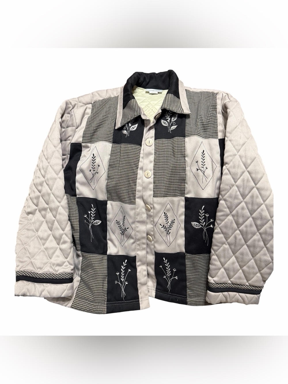 Vintage Quilted Patchwork Pea Coat in Black & Cream